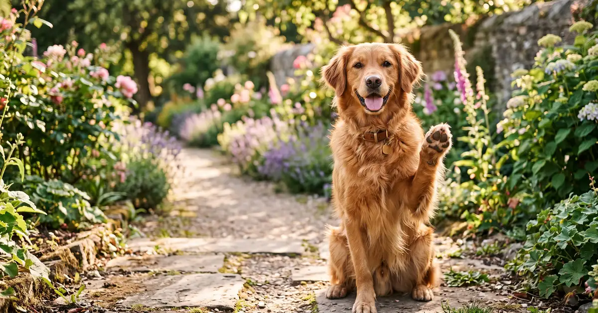 A happy dog sitting on a sunlit garden path with a paw lifted, showing healthy paw pads