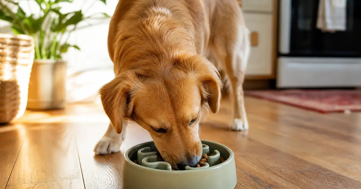 A happy dog eating contentedly from a textured slow-feeder bowl on a warm kitchen floor