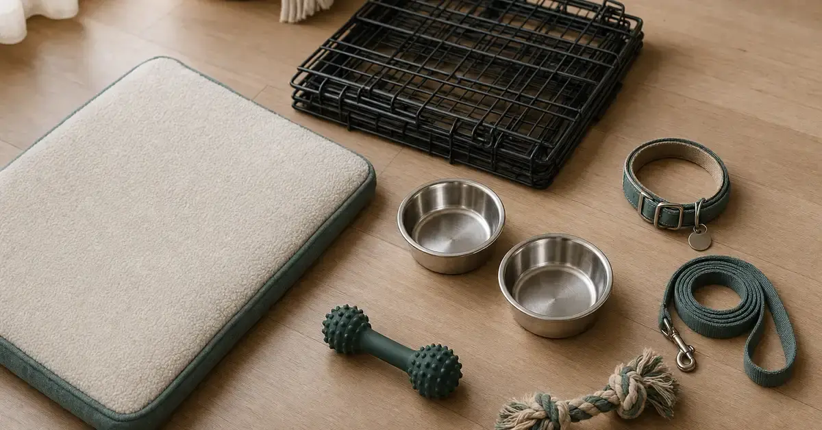 A warm flat-lay of real new dog gear on a wooden floor: a wire crate, washable bed, stainless steel bowls, collar, leash and a couple of chew toys