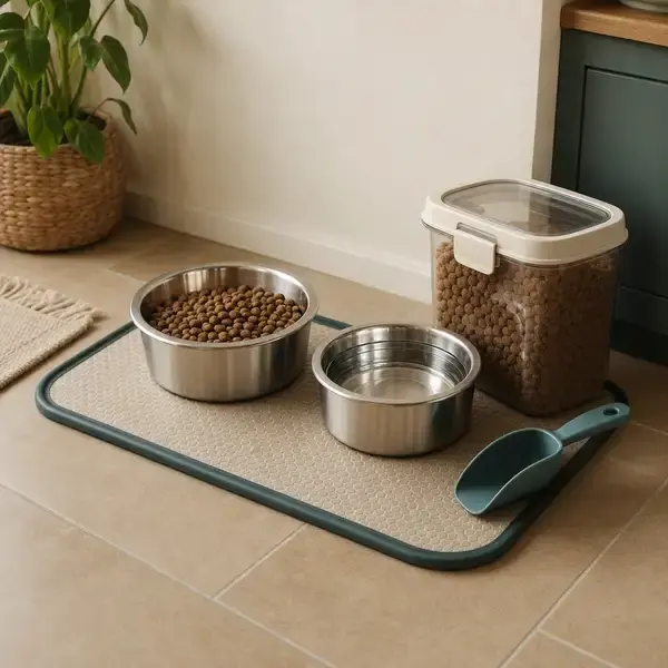 Two clean stainless steel dog bowls on a non-slip mat beside a scoop and a sealed food storage bin in a tidy kitchen corner