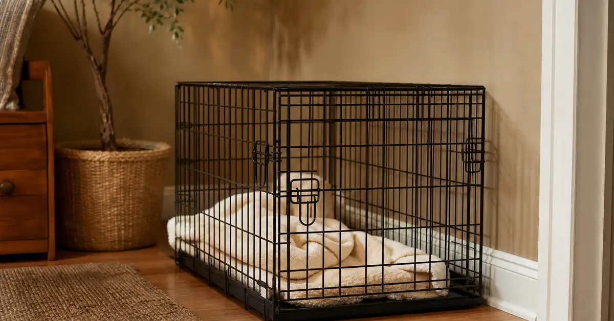 A sturdy wire dog crate with a soft blanket