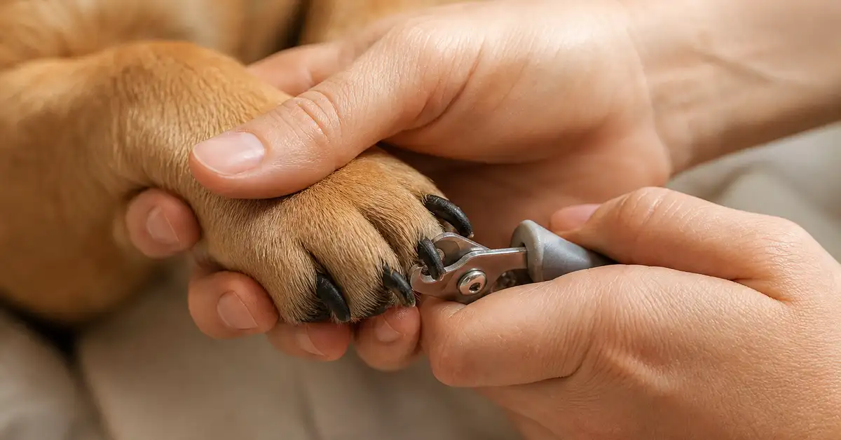 A calm dog having its nails trimmed