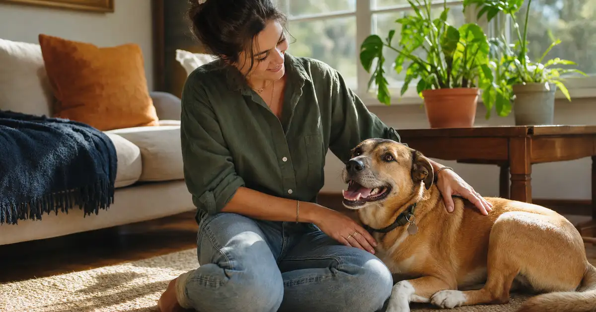 A new dog owner smiling beside their happy dog at home