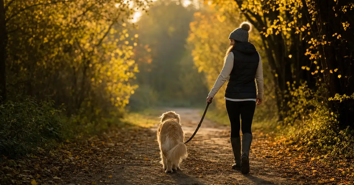 A dog and its owner walking together in golden afternoon light