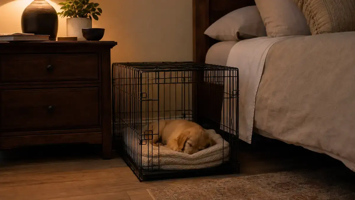 A crate set up beside a bed in a calm, softly lit bedroom at night with a cozy blanket, ready for a puppy to sleep nearby