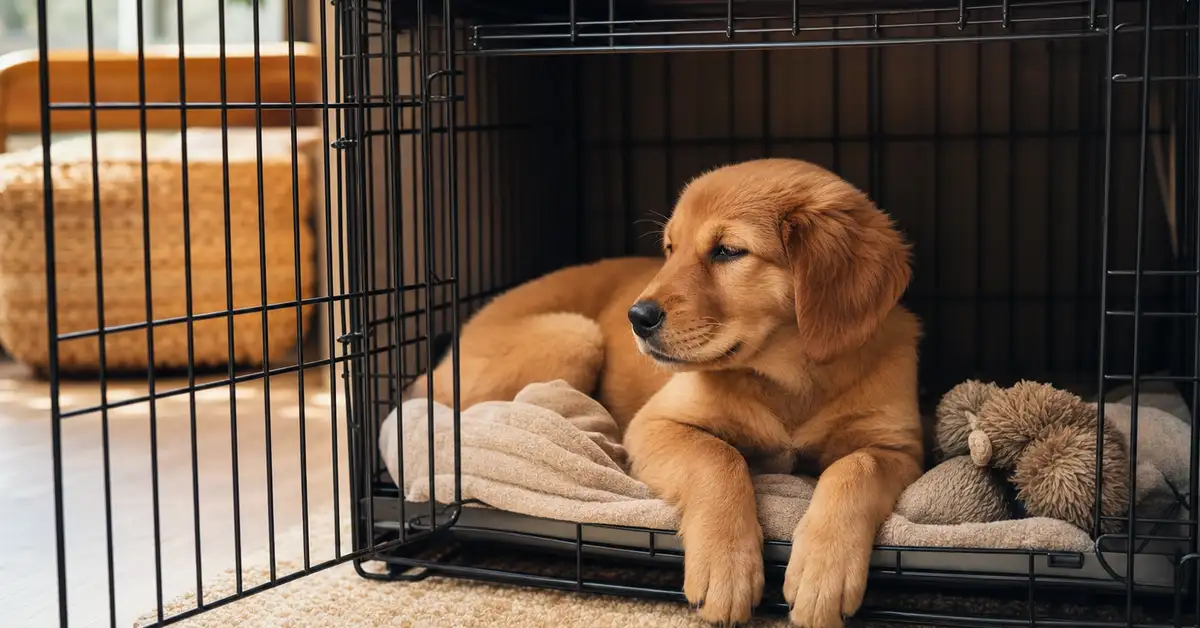 A relaxed puppy lying contentedly in an open wire crate set up as a cozy den with a soft blanket in a warm living room