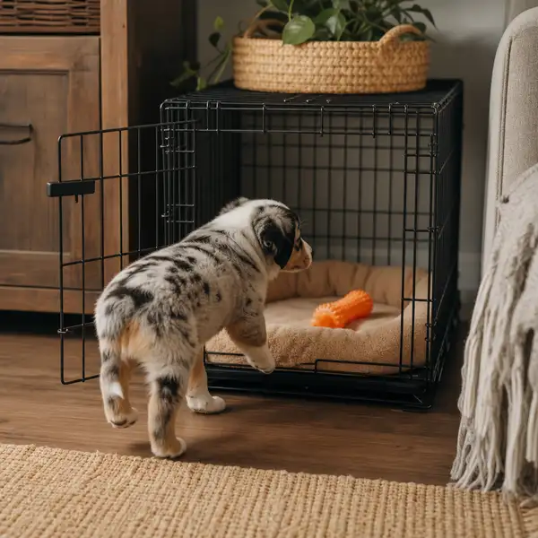 A young puppy stepping willingly into an open crate toward a soft bed and a chew toy, calm and curious
