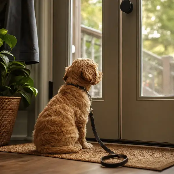 A small puppy waiting calmly by a back door on a leash, ready to be taken out to its potty spot