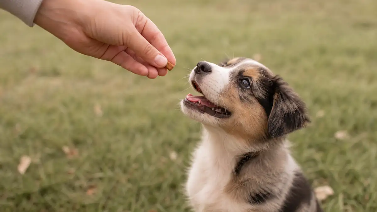 An owner's hand offering a small training treat to a happy puppy outdoors on grass right after the puppy finishes