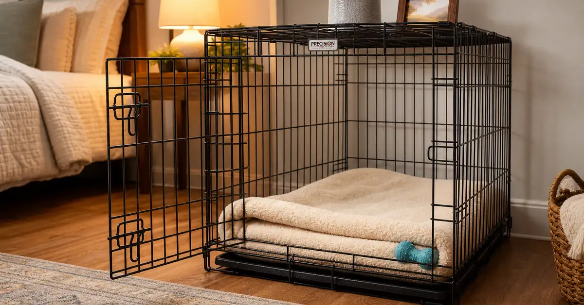 A cozy wire dog crate set up with a soft cream blanket and chew toy inside, door open and welcoming, warm bedroom with wood floors