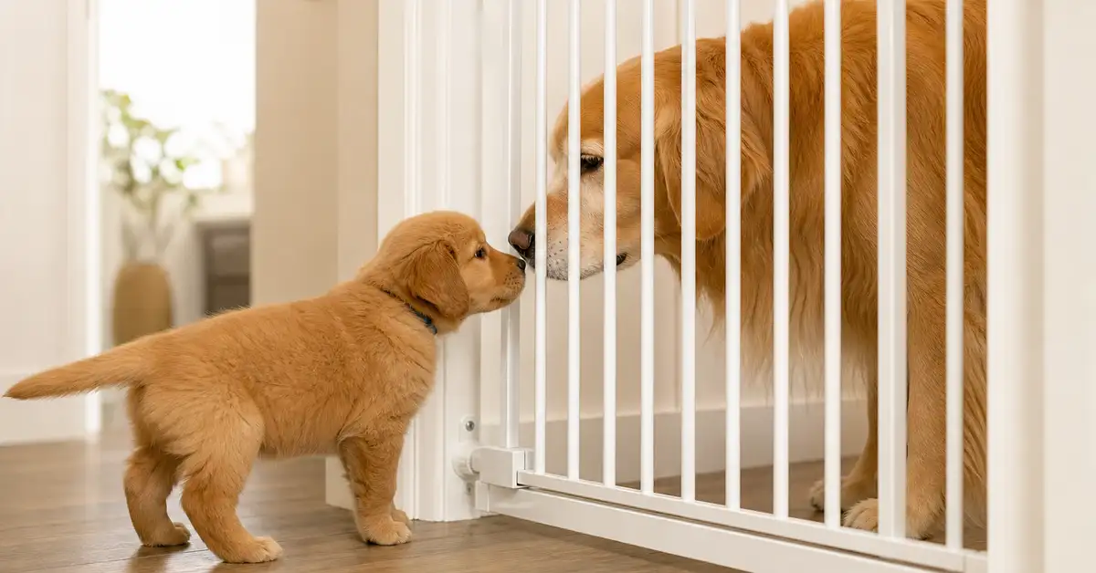 A puppy and a calm adult golden retriever meeting nose to nose through a white baby gate — safe early socialization at home