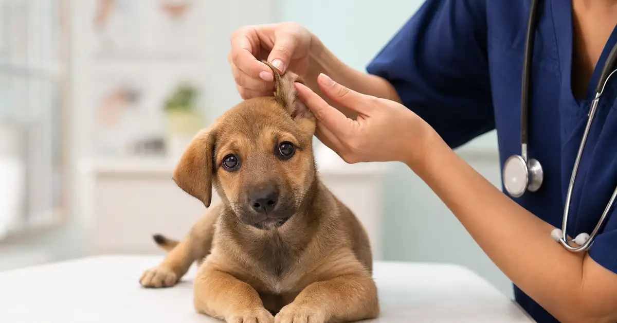 A puppy resting calmly on a veterinary exam table while gentle hands check its ears at a first wellness visit